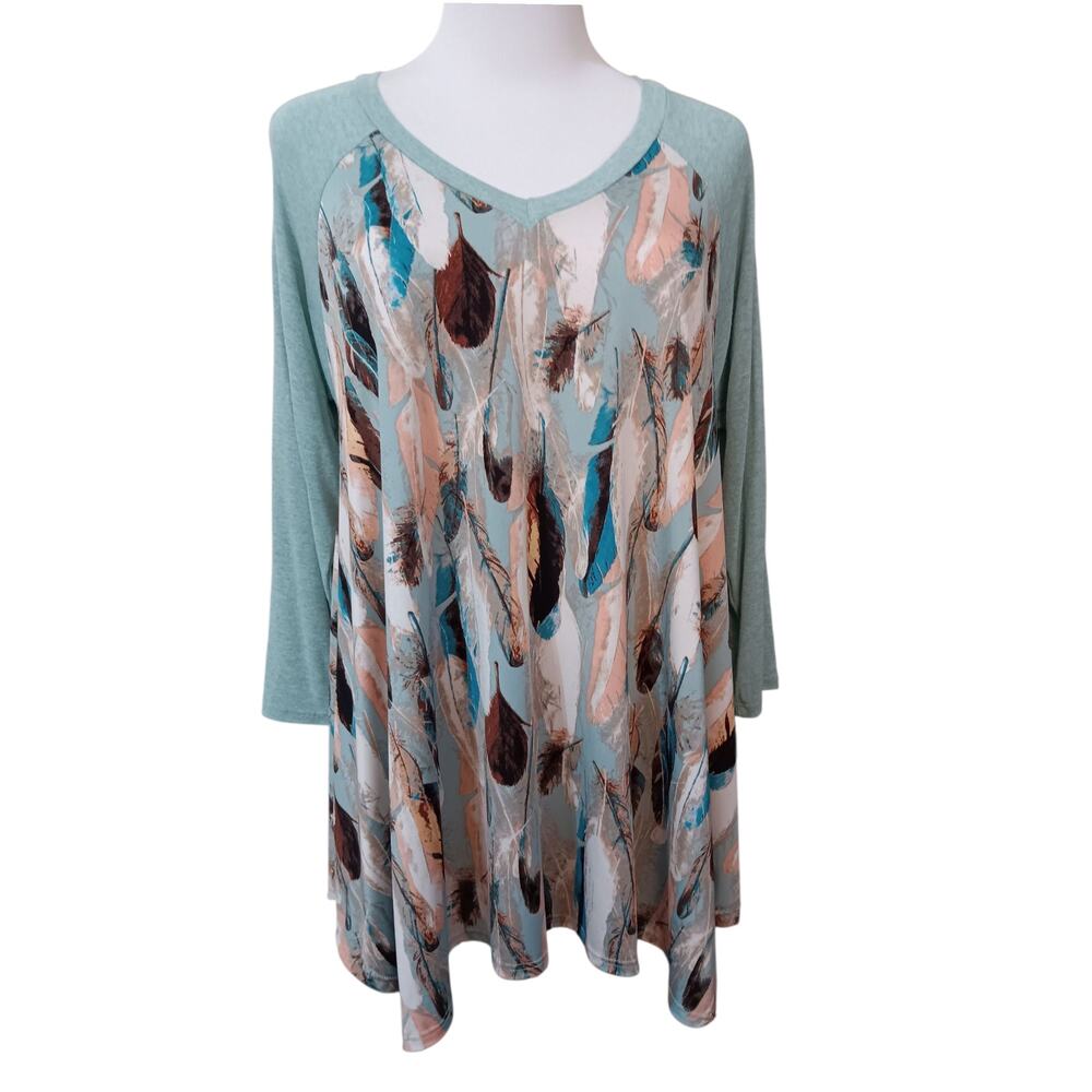 VINTAGE Feathers Print Long Tunic Top Blouse M Flowy‎ Slinky Mint Green Novelty